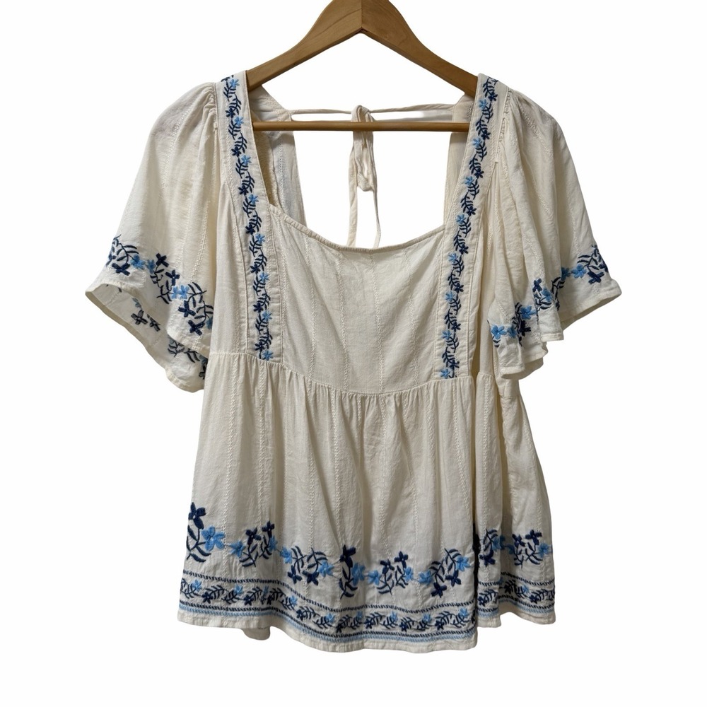 Old Navy Womens Embroidered Floral Babydoll Top Size L White Cottage Milkmaid